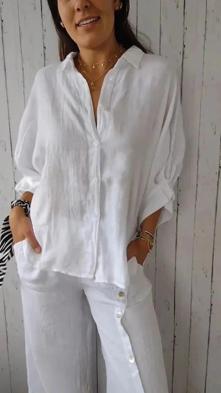 Damesblouse van Katoen en Linnen met Strikaccent