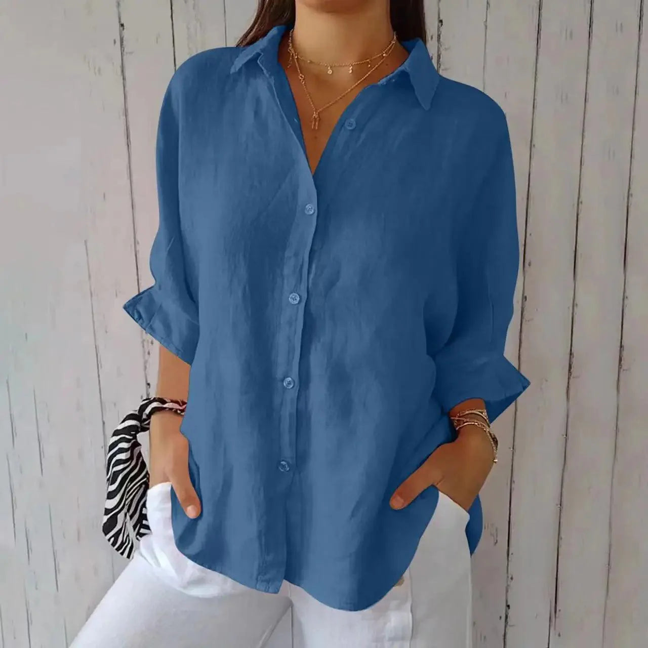 Damesblouse van Katoen en Linnen met Strikaccent