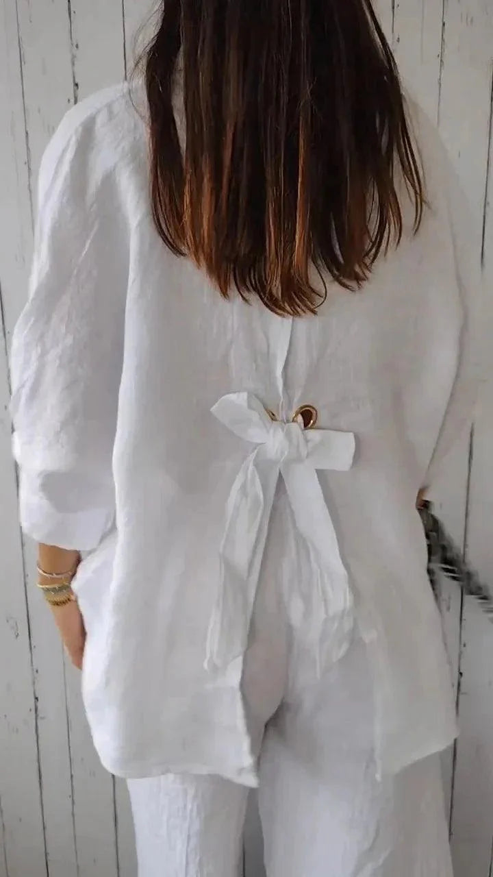 Damesblouse van Katoen en Linnen met Strikaccent