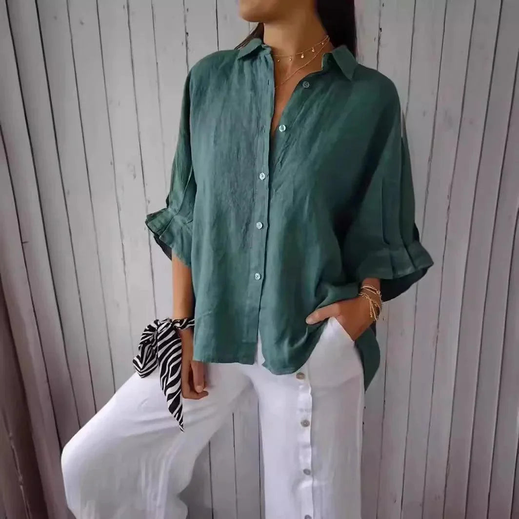 Damesblouse van Katoen en Linnen met Strikaccent