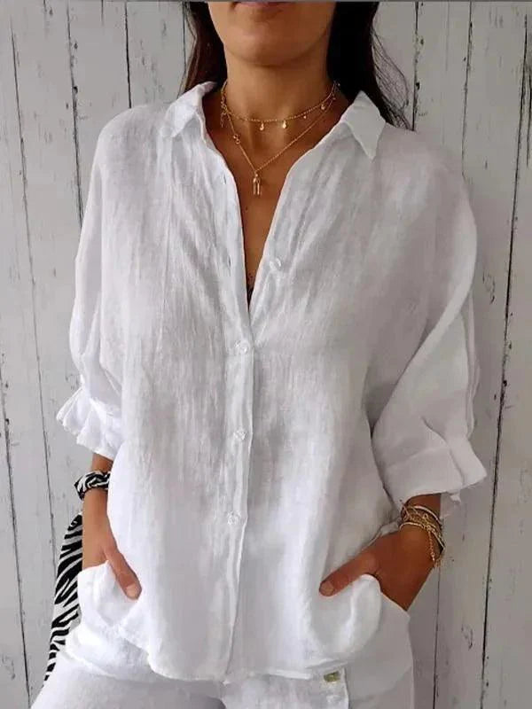 Damesblouse van Katoen en Linnen met Strikaccent