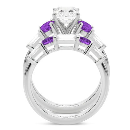 Radiant Lab Grown Diamond & Oval Amethyst Bridal Set 14K White Gold