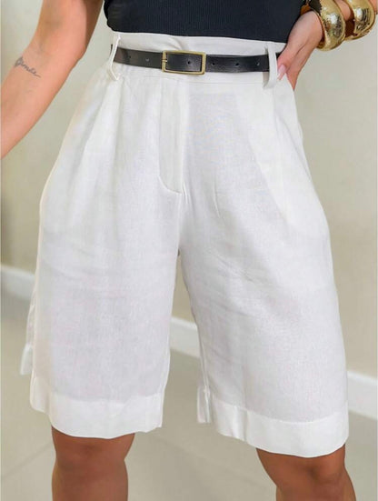 Beige Dames Linnen Shorts met Riem – Hoge Taille & Comfortabele Pasvorm – Casual Elegantie voor Elke Dag