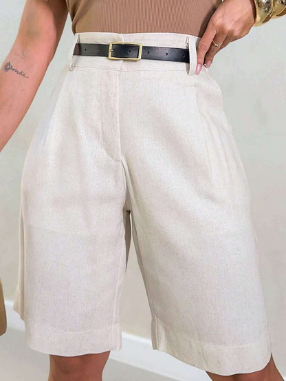 Beige Dames Linnen Shorts met Riem – Hoge Taille & Comfortabele Pasvorm – Casual Elegantie voor Elke Dag