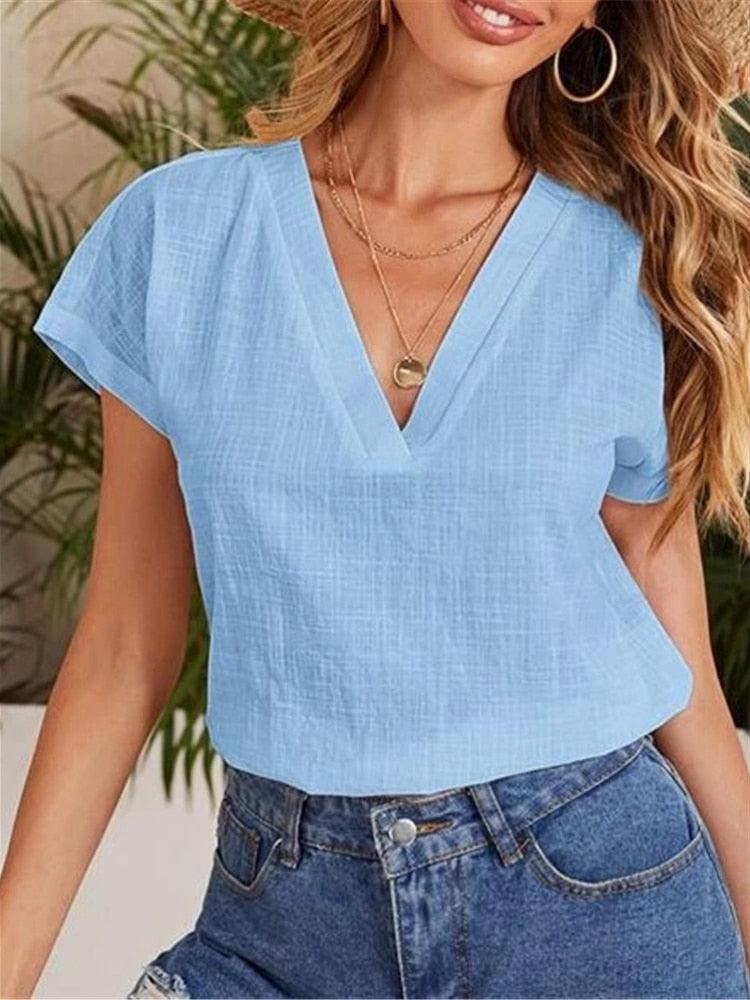 Casual Damesblouse – Linnen & Katoen – V-Hals Comfort