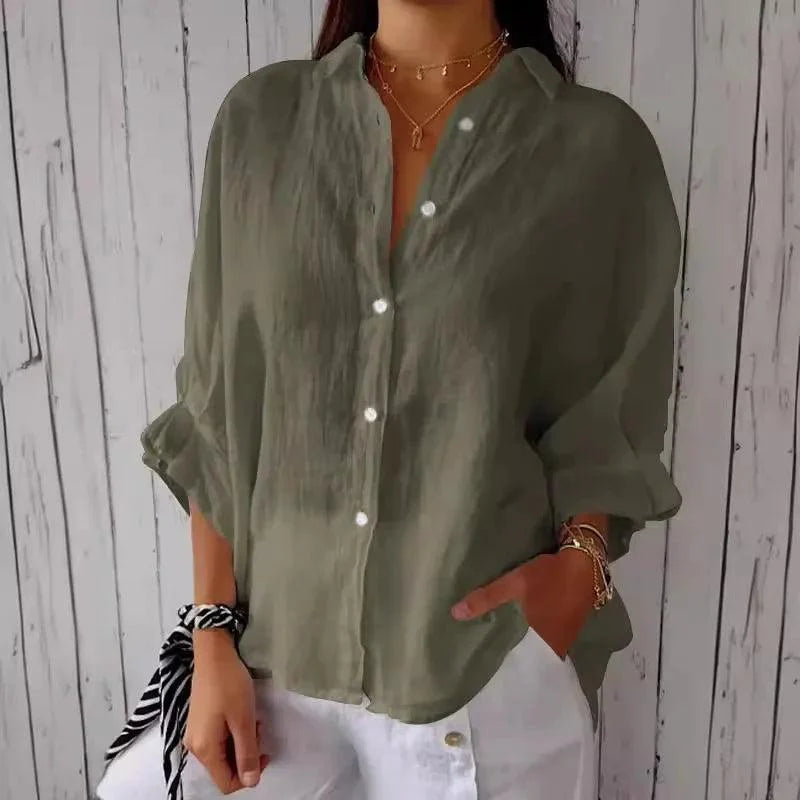 Damesblouse van Katoen en Linnen met Strikaccent