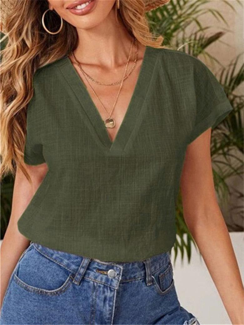 Casual Damesblouse – Linnen & Katoen – V-Hals Comfort