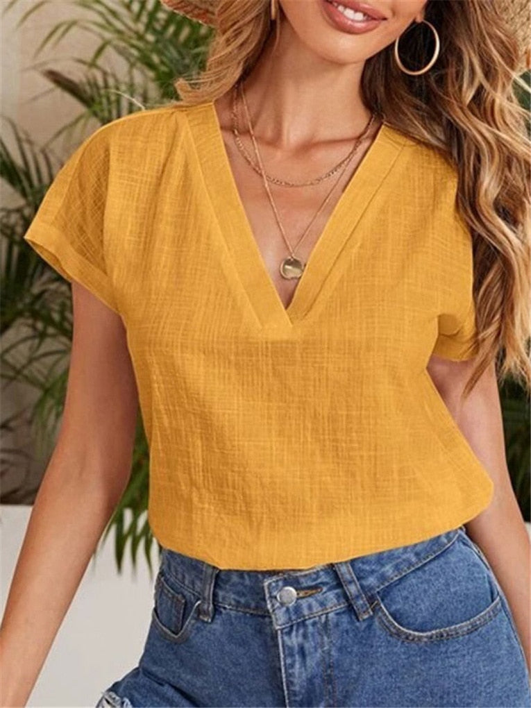 Casual Damesblouse – Linnen & Katoen – V-Hals Comfort