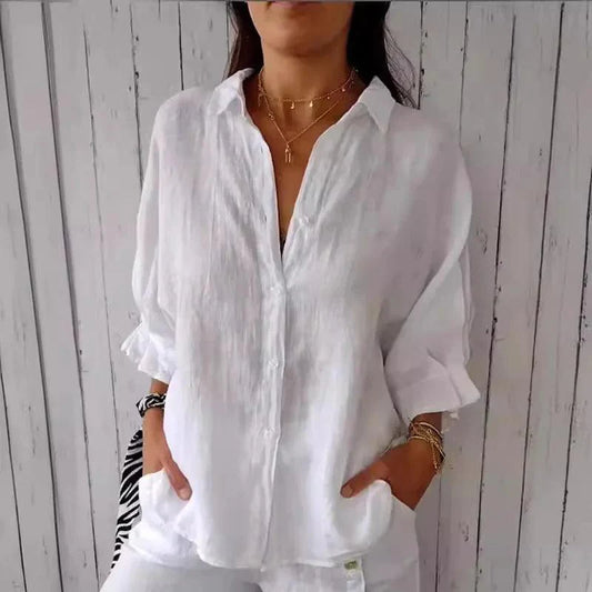 Damesblouse van Katoen en Linnen met Strikaccent