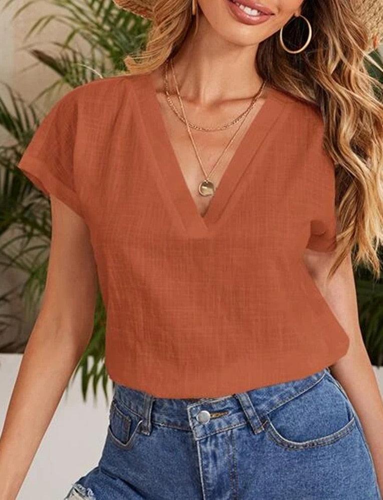 Casual Damesblouse – Linnen & Katoen – V-Hals Comfort