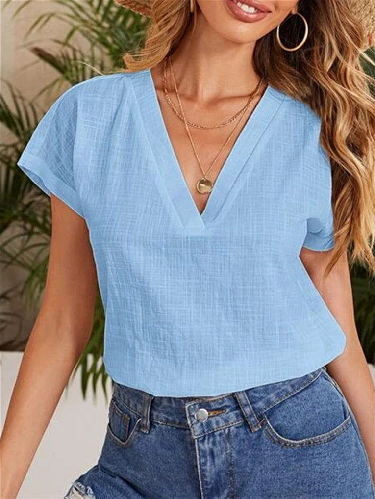 Casual Damesblouse – Linnen & Katoen – V-Hals Comfort