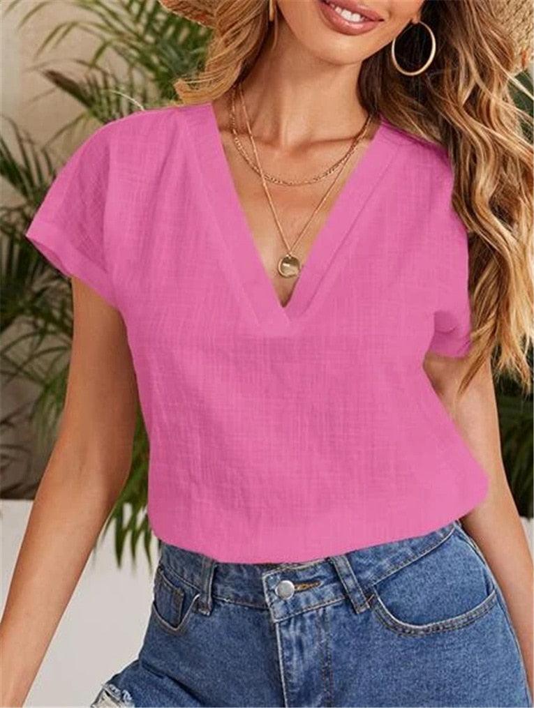 Casual Damesblouse – Linnen & Katoen – V-Hals Comfort