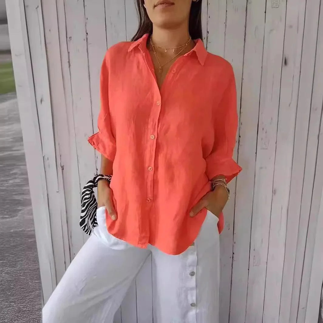 Damesblouse van Katoen en Linnen met Strikaccent