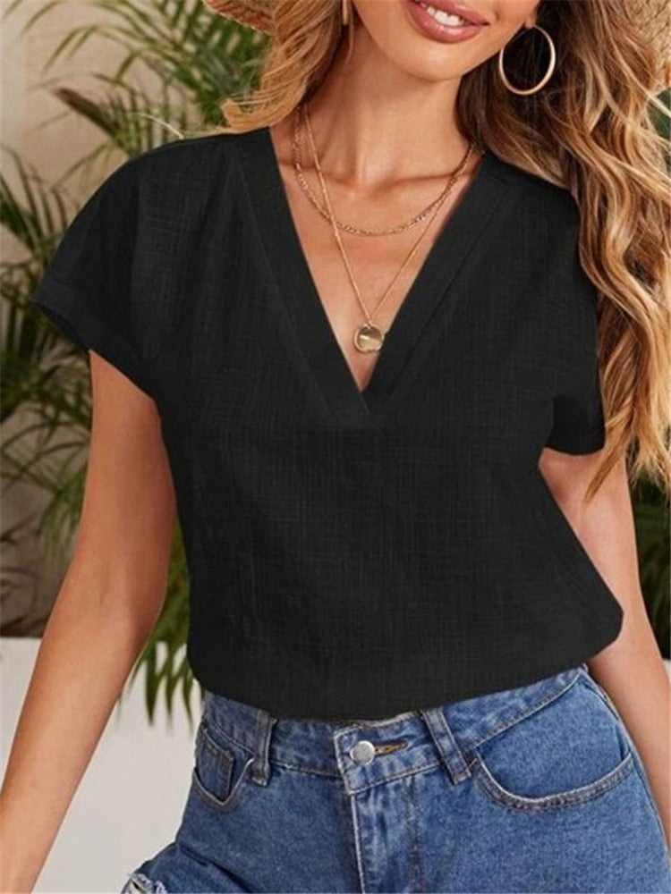 Casual Damesblouse – Linnen & Katoen – V-Hals Comfort