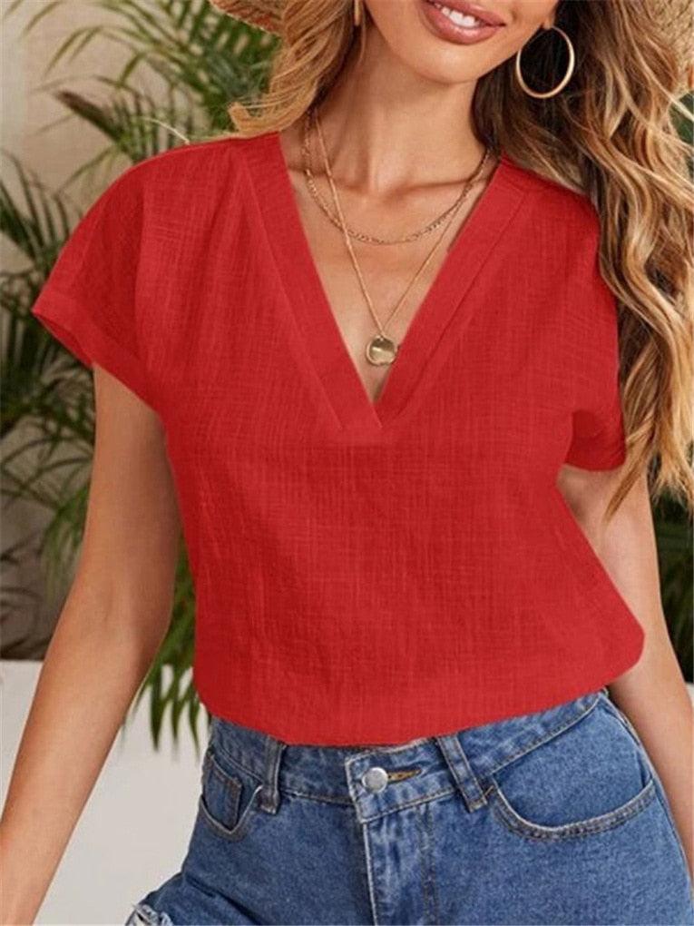 Casual Damesblouse – Linnen & Katoen – V-Hals Comfort