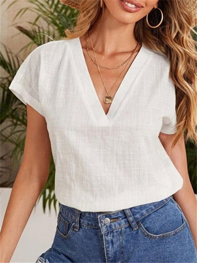Casual Damesblouse – Linnen & Katoen – V-Hals Comfort